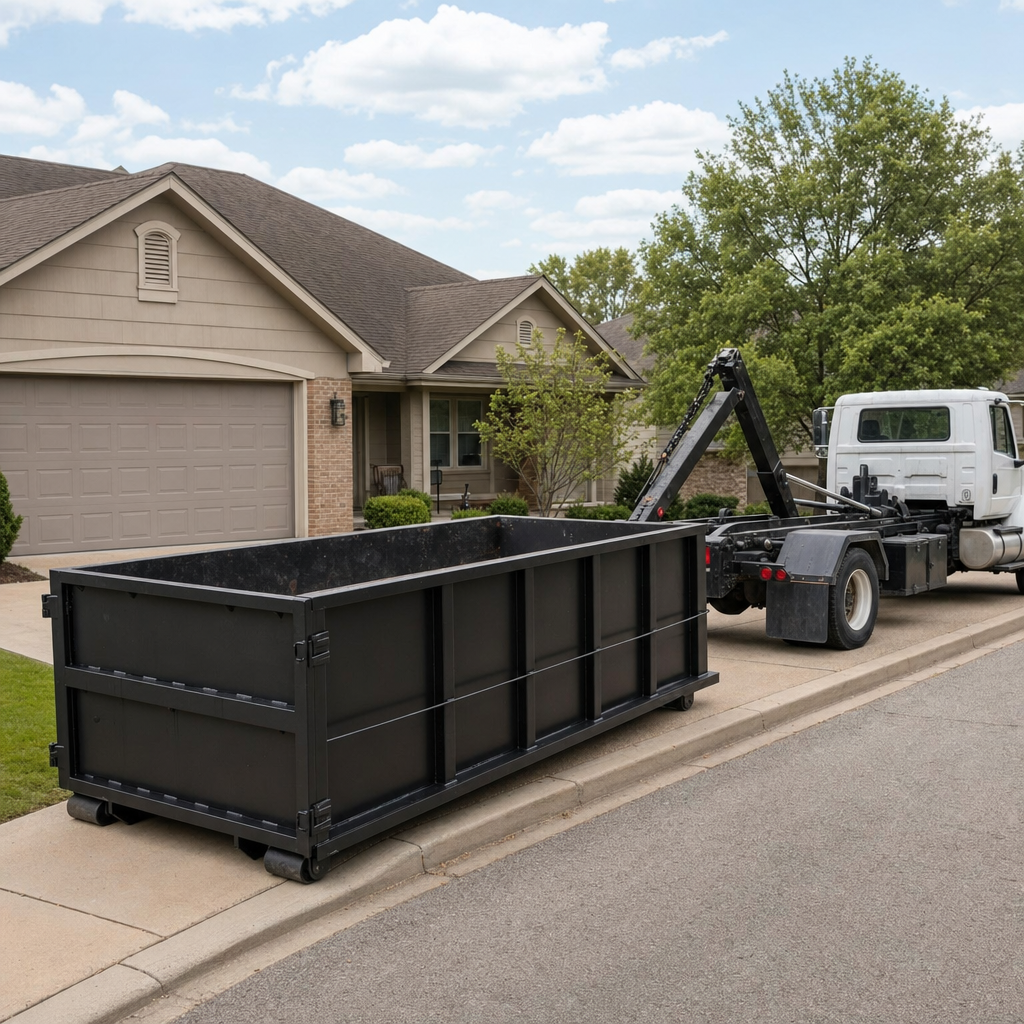 Wide documentary shot of a matte-black roll-off dumpster on a Akron residential driveway in the foreground and a contractor jobsite container in the soft-focus background, bright daylight, calm and orderly composition.