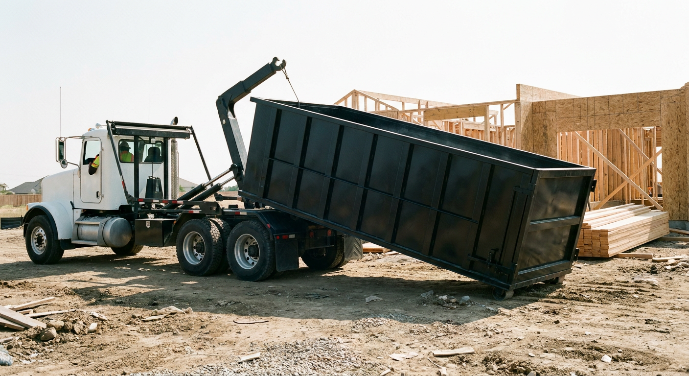 Matte-black roll-off dumpster being delivered onto a clean residential concrete driveway in Akron by an unmarked white hooklift hauler truck, bright morning daylight, documentary 35mm perspective.